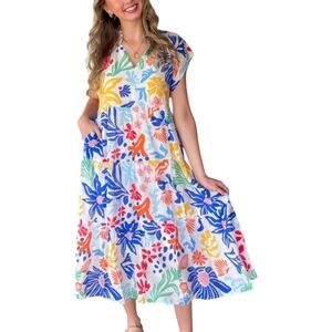 THML White Maxi Dress with Blue, Yellow, Orange & Green Floral Print